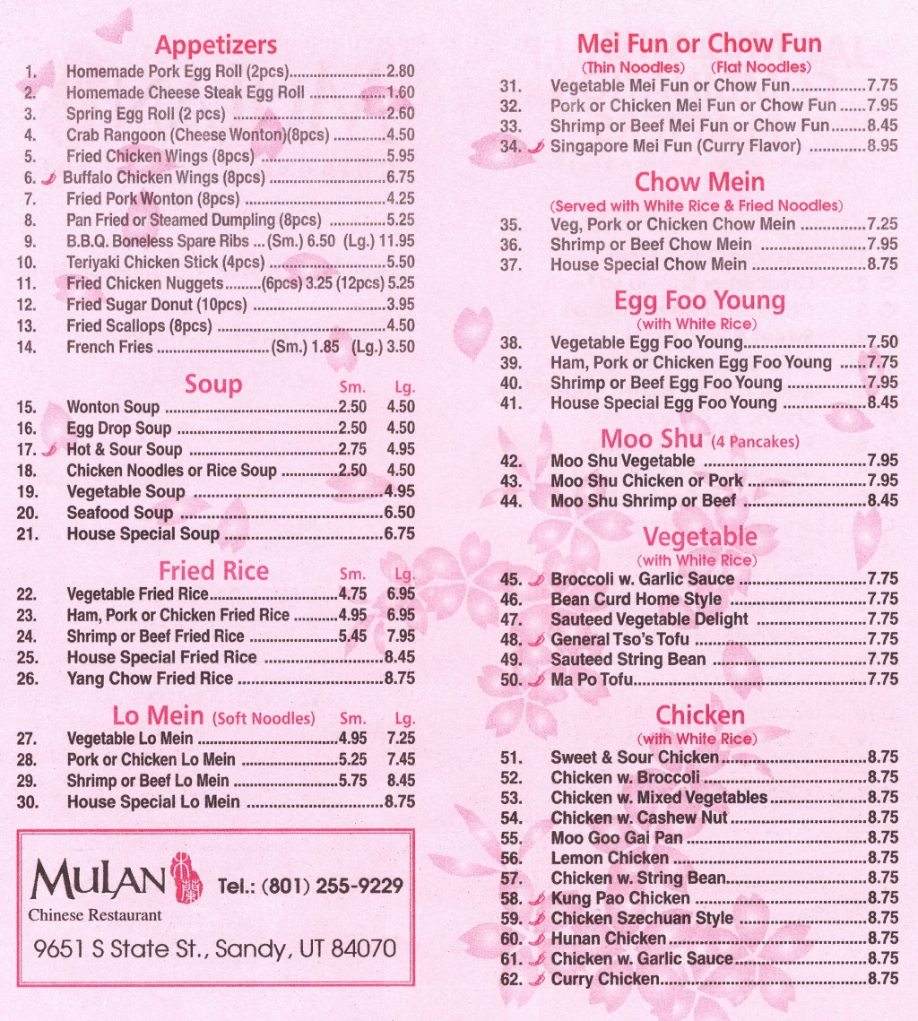 Mulan Chinese Restaurant menu – SLC menu