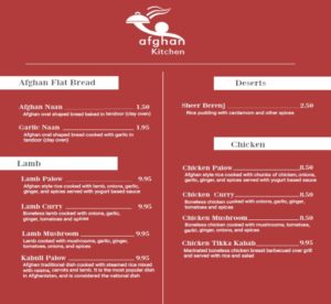 Afghan Kitchen menu - flat bread, lamb, chicken