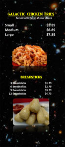 Stellar Wings menu - galactic chicken fries, breadsticks