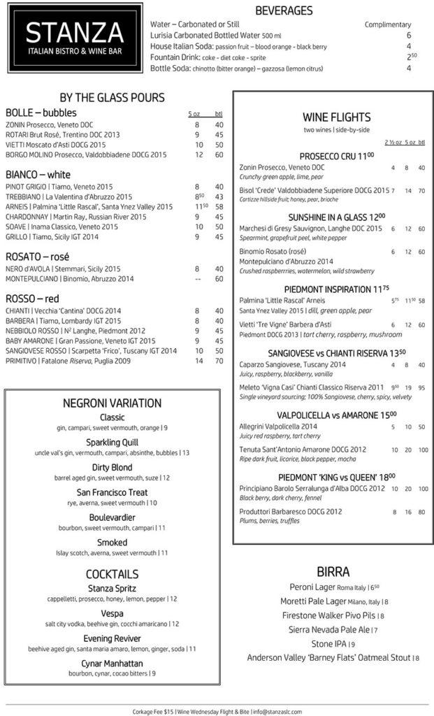 Stanza Italian Bistro menu – SLC menu