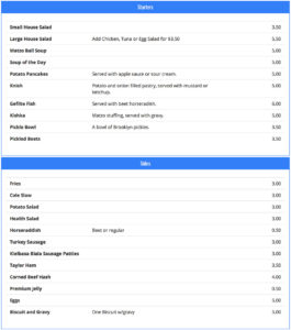 Feldman's Deli menu - starters, sides