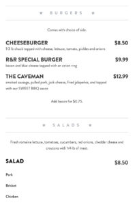 R&R BBQ menu - burgers and salads