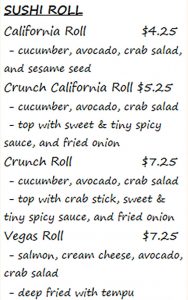 Fatty Tuna food truck menu - sushi rolls