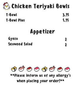 Sushi Be Rollin food truck menu - teriyaki bowls, appetizers