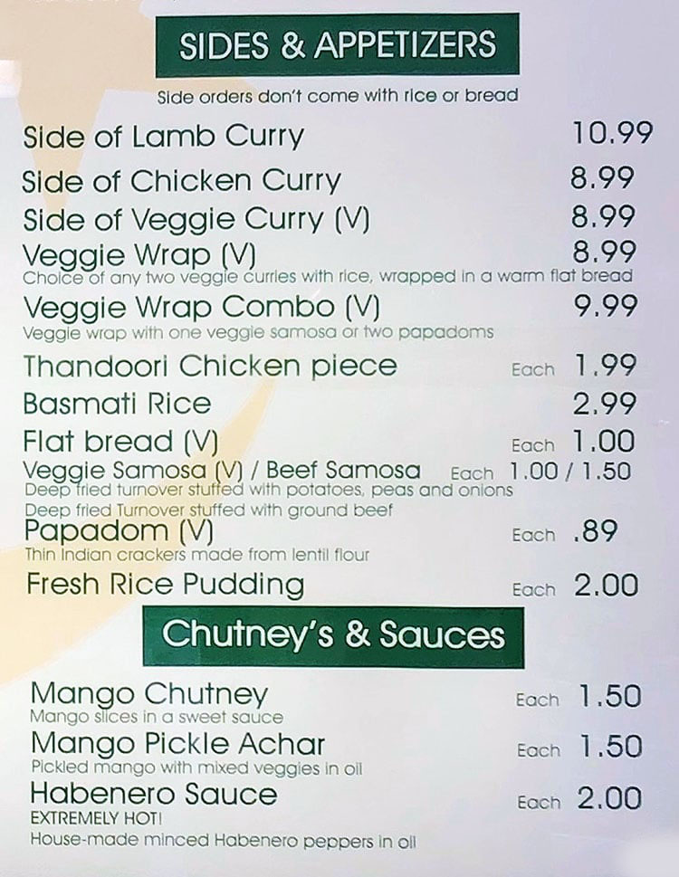 Curry Fried Chicken menu - sides, appetizers, chutneys, sauces