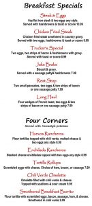 Alice's Kitchen menu - breakfast specials, four corners