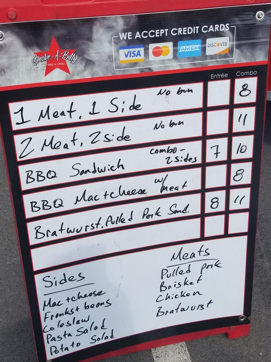 Smoke A Billy BBQ food truck menu SLC menu