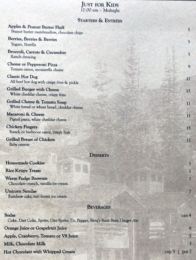 Stein Eriksen Lodge menu SLC menu