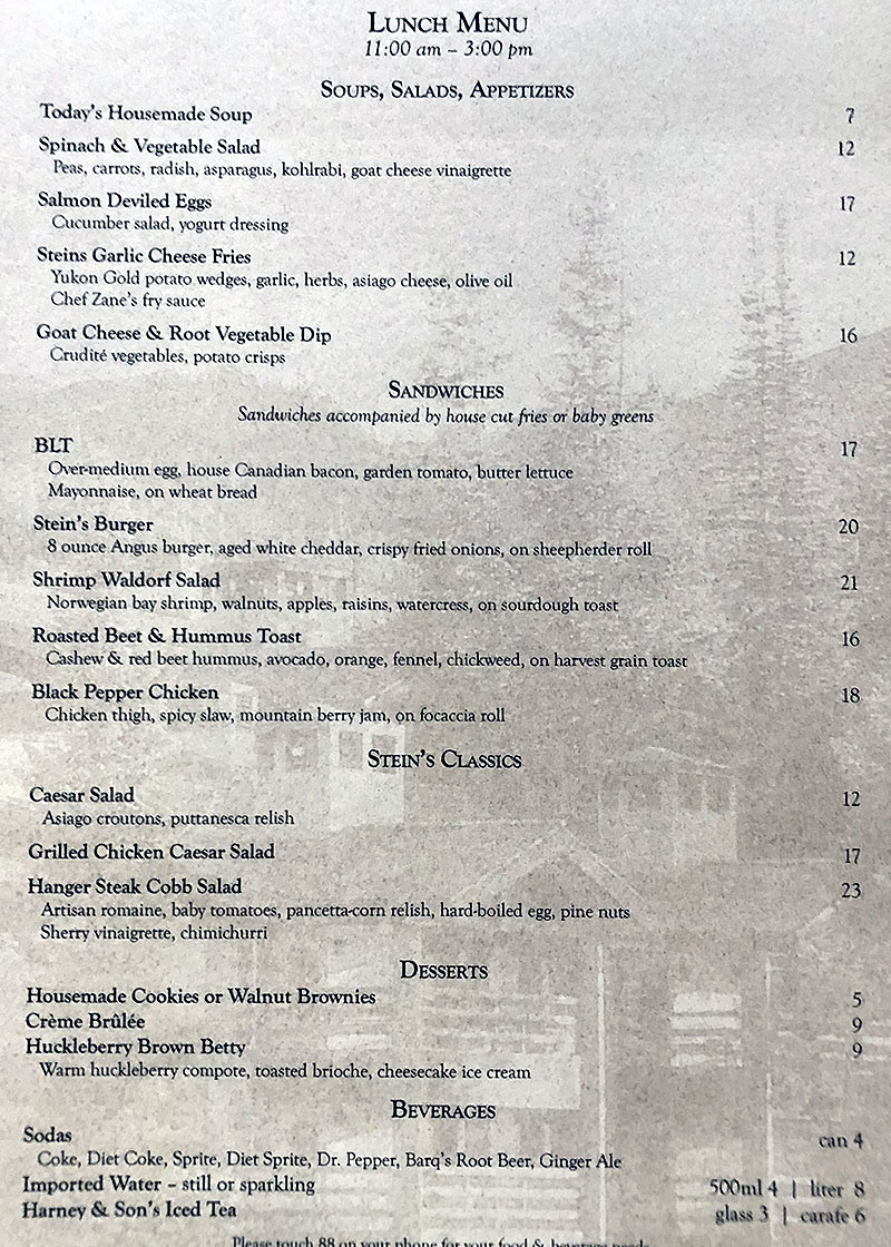 Stein Eriksen Lodge menu SLC menu