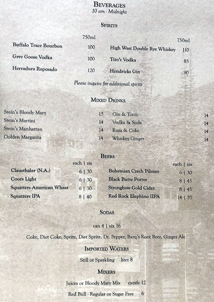 Stein Eriksen Lodge menu SLC menu