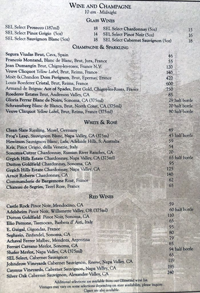 Stein Eriksen Lodge menu SLC menu