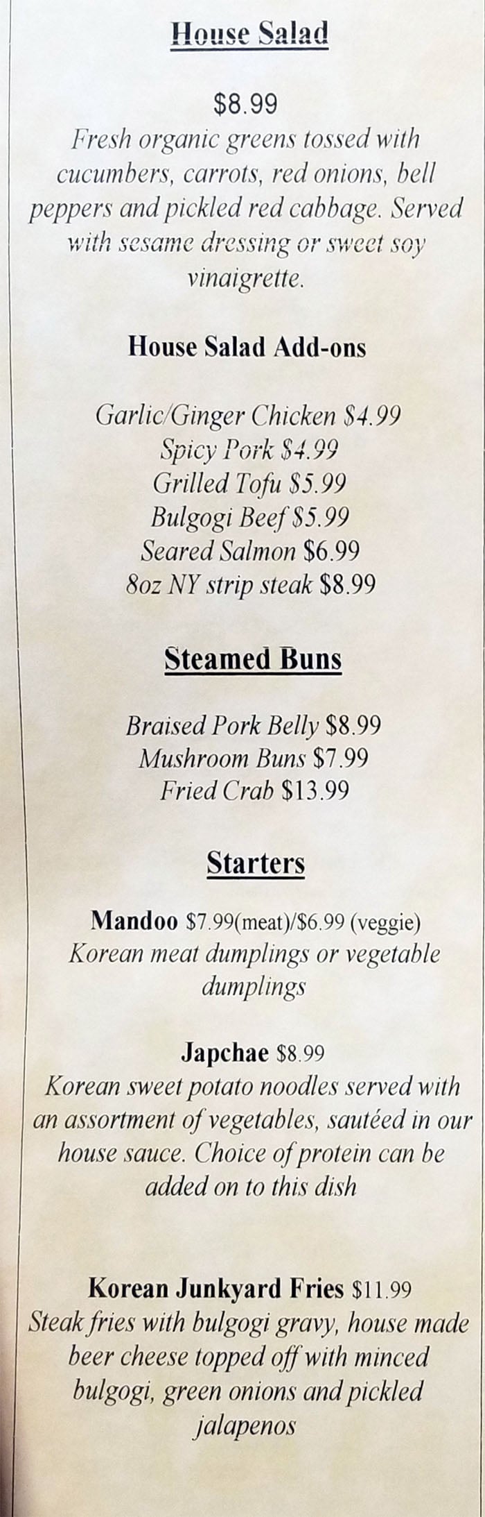 The Angry Korean lunch menu - salad, buns, starters