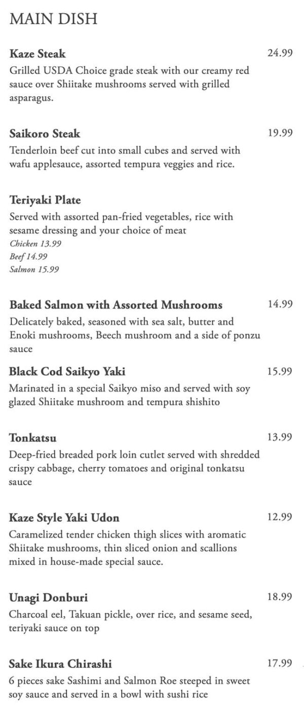 Kaze Sushi Bar And Grill menu – SLC menu