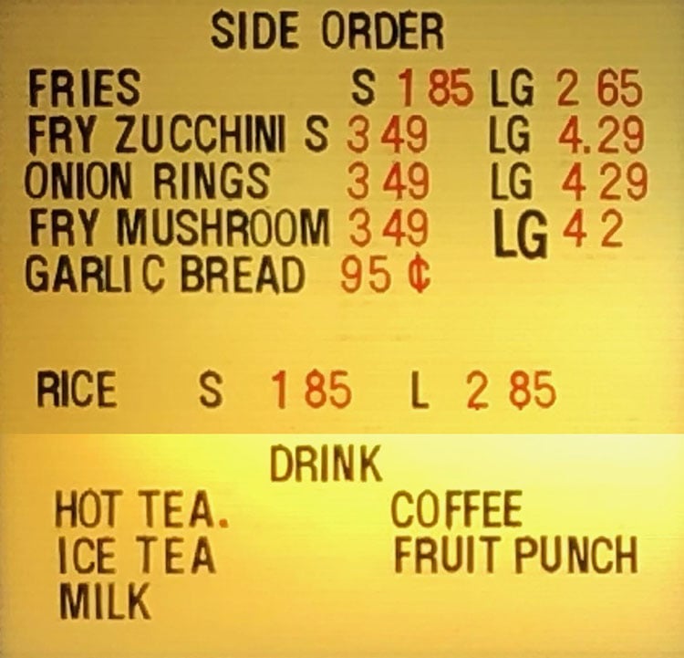 Tickles Restaurant menu - side orders, drinks