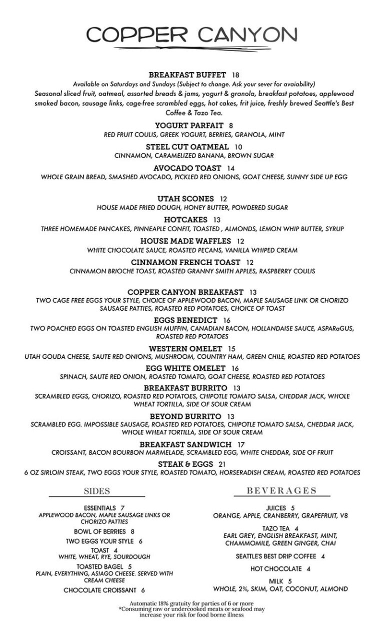 Copper Canyon menu SLC menu