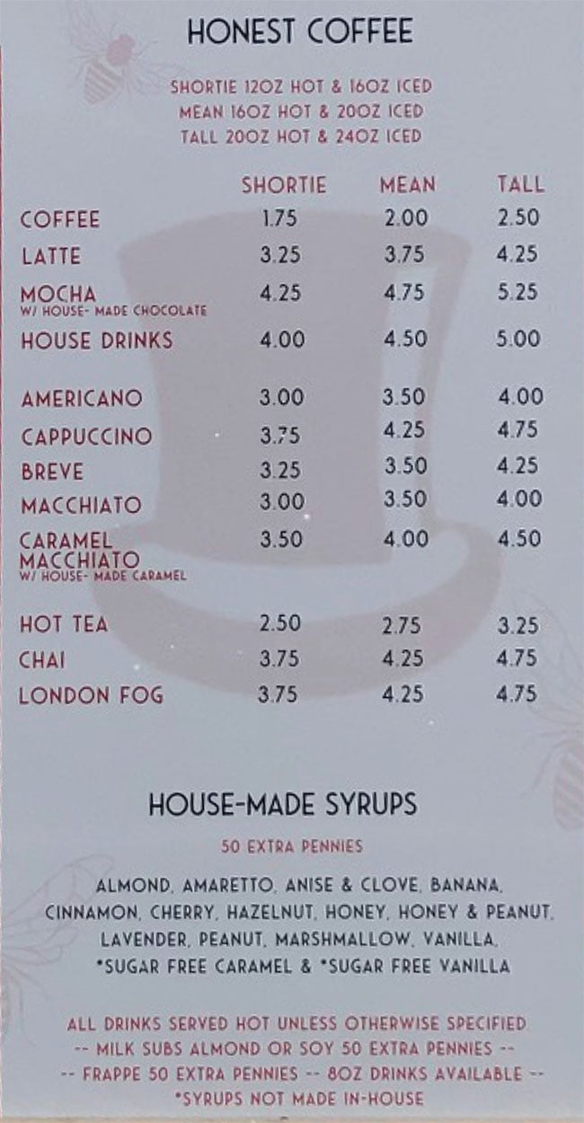 Honest Abe's drive thru menu - coffee, syrups