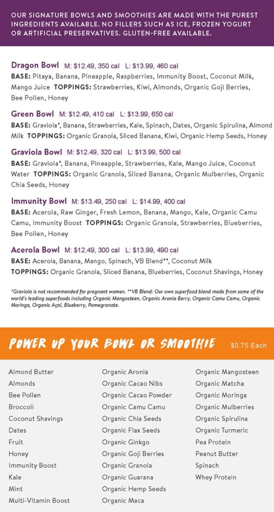 Vitality Bowls menu - acai bowls continued