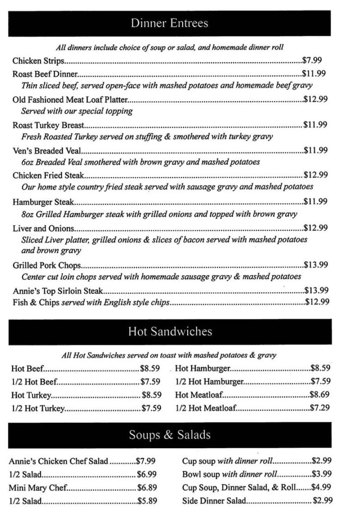 Annie's Diner menu - dinner entrees, hot sandwiches, soup, salad