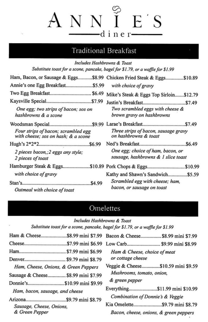 Annie's Diner menu - traditional breakfast, omelettes