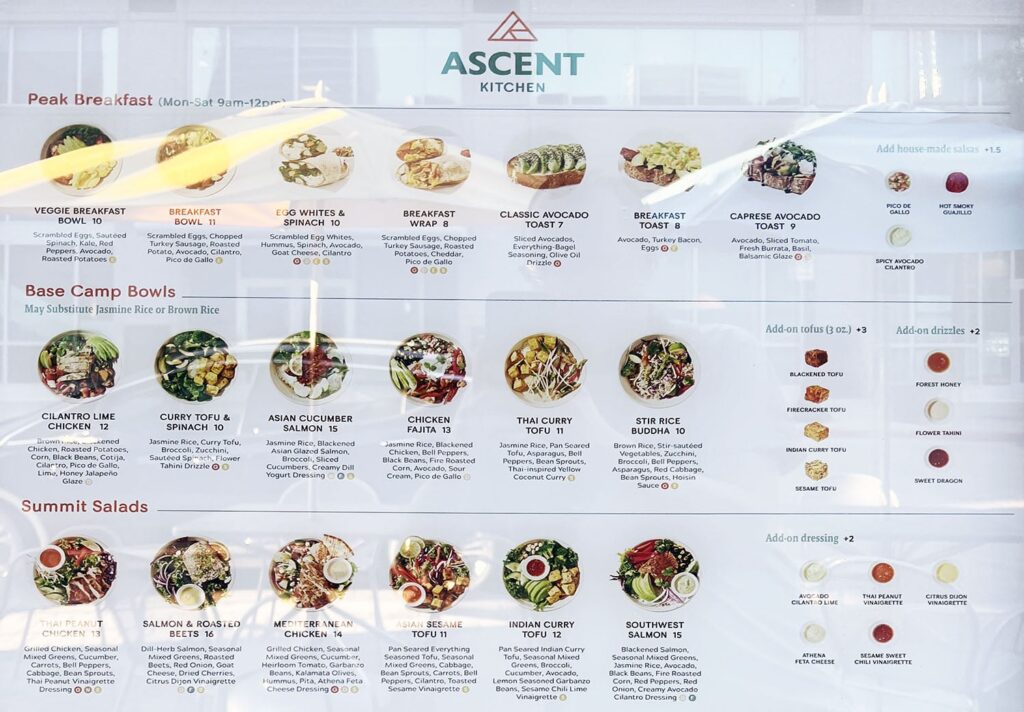 Ascent Kitchen menu - breakfast, bowls, salads