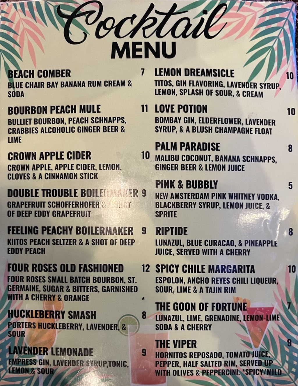 Boomerang’s Down Under Bar menu SLC menu