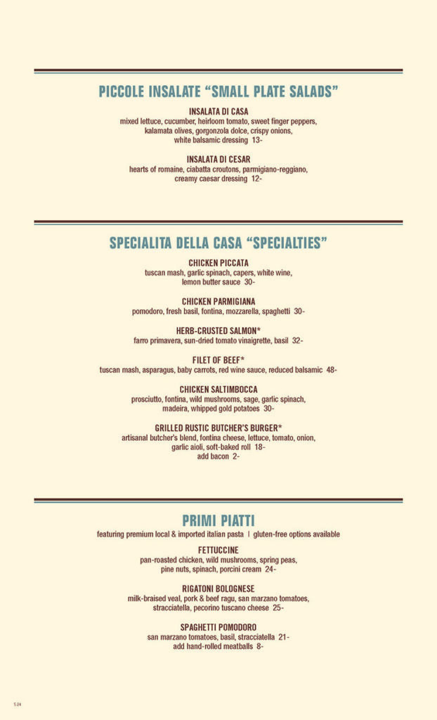 La Bella Piastra dinner menu 