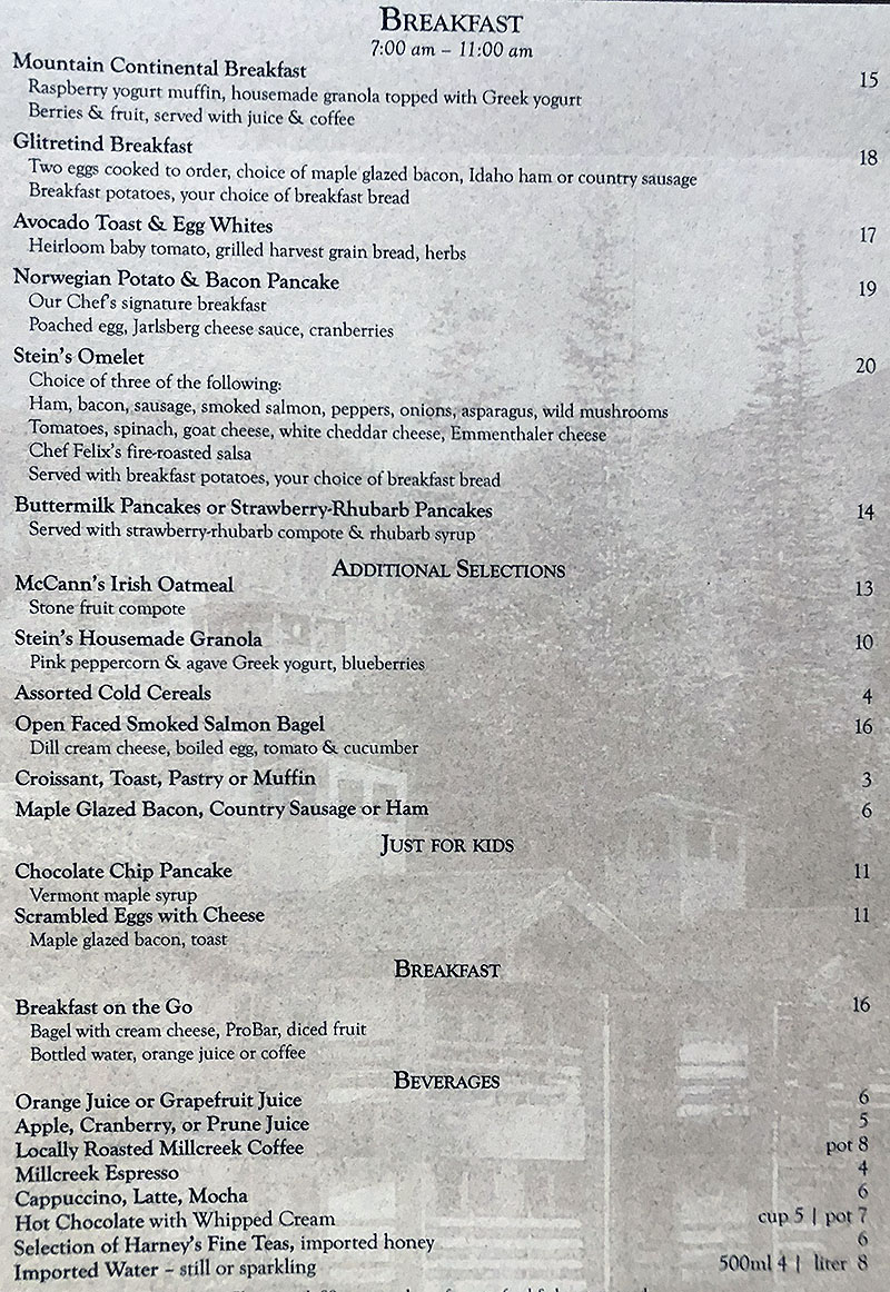 Stein Eriksen Lodge menu SLC menu